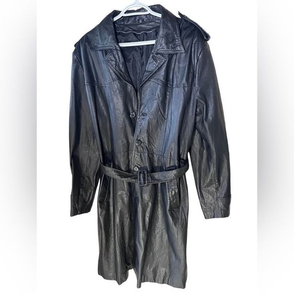 Long Leather Trench Coat Size 40 Which is Med to L Belted Single Breasted - Picture 1 of 10
